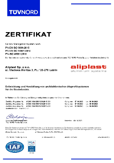 Certyfikat Aliplast Aluminium Systems ISO 9001; 14001; 45001 - DE